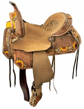14", 15", 16" Double T Hard Seat Barrel style saddle with Cheetah Seat and sunflower painted accents