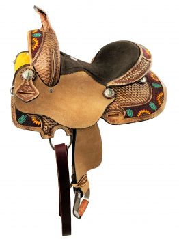 10" Double T Youth Hard Seat Barrel style saddle with cactus and sunflower beaded accents