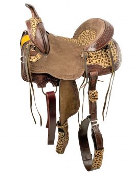 14", 15", 16" Double T Hard Seat Barrel style saddle with Cheetah Seat and leather tassels