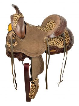 12" Double T Hard Seat Barrel style saddle with Cheetah Seat and leather tassels