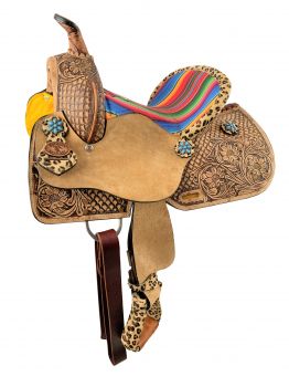 10" Double T Barrel style western saddle with Serape & Cheetah Accents