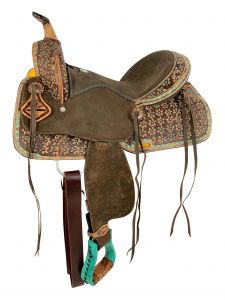 14", 15" Double T Barrel style saddle with flower tooling and buck stitch accents