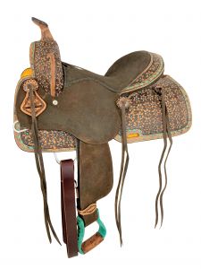 13" Double T Barrel style saddle with Teal flower and buckstitch accents