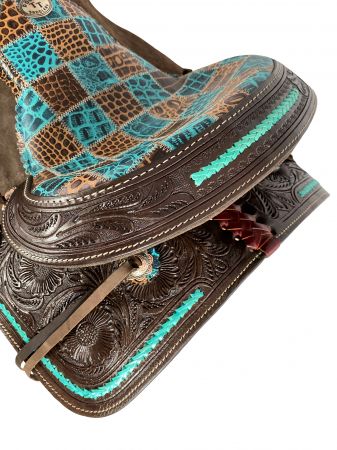 12" Double T Barrel style saddle with teal gator patchwork pattern #2