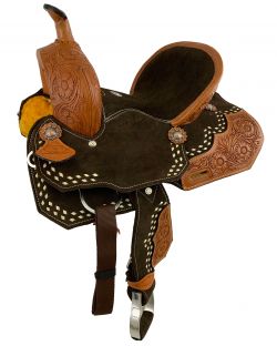 12" Double T Youth Brown Suede Barrel Saddle With Floral Tooling and White Buckstitching