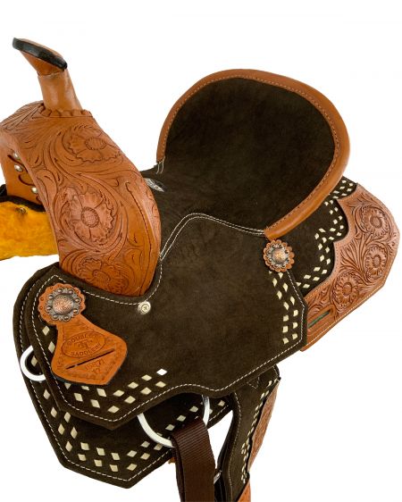 12" Double T Youth Brown Suede Barrel Saddle With Floral Tooling and White Buckstitching #2