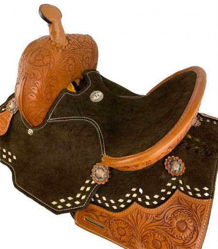 12" Double T Youth Brown Suede Barrel Saddle With Floral Tooling and White Buckstitching #3