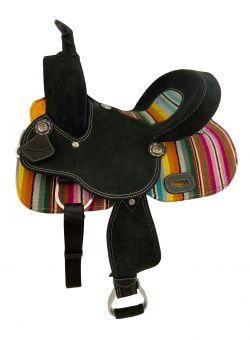 12" Double T Youth Black Roughout Barrel Saddle with Serape Wool Rug Accents