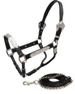 Showman  Average Horse Dark leather show halter with lead