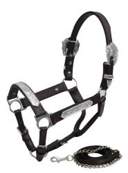 Showman Yearling Size double stitched leather show halter with engraved silver plates