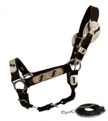 Showman  Yearling Size double stitched leather show halter with engraved silver plates accented with black scroll inlays