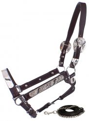 Showman  Horse Size double stitched leather show halter with engraved silver plates accented with black scroll inlays
