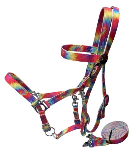 Showman Multi Color Tie Dye Premium Nylon combination halter bridle with reins