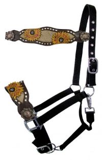 Showman  Adjustable black nylon bronc halter with painted sunflower design with burlap inlay nose band