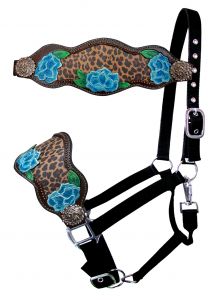 Showman Adjustable black nylon bronc halter with painted flower design with cheetah inlay nose band