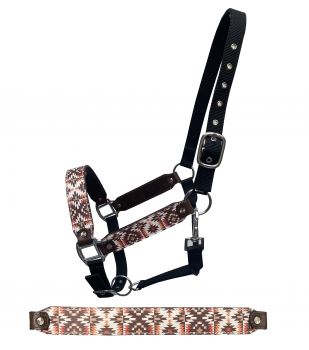 Showman Premium Nylon Horse Sized 3 Ply Halter with navaho print overlay on cheeks and nose