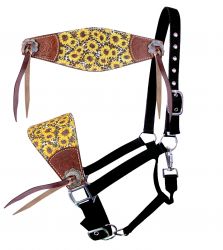 Showman Nylon bronc halter with printed sunflower and cheetah print inlay and cowboy tie accents