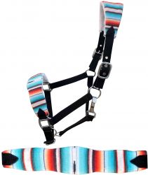 Showman  Adjustable black nylon bronc halter with a padded southwest print noseband and crown