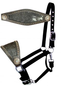 Showman Nylon bronc halter with hair on cowhide with dark oil leather noseband and flower concho accents