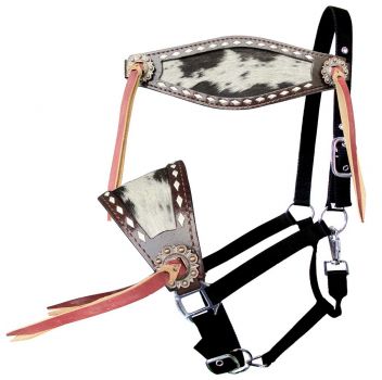 Showman Adjustable nylon bronc halter with hair on cowhide noseband with leather tassels