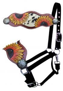 Showman Painted Sunflower Nylon bronc halter with cowhide inlay