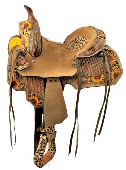 10" Double T Youth Hard Seat Barrel style saddle with Cheetah Seat and sunflower painted accents