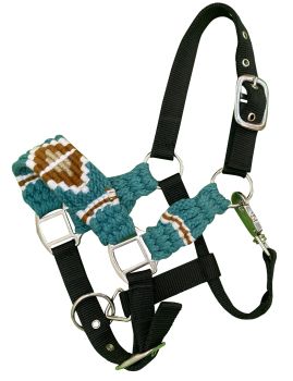 Showman Pony Cotton Corded String Nylon Halter - Teal, brown, and whitePONY SIZE