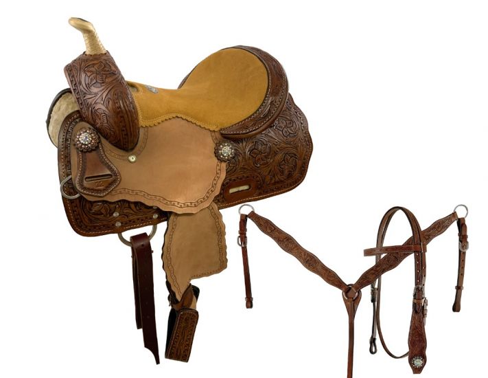 12" Double T Medium Oil Youth Barrel style saddle with suede seat. Comes with a matching headstall, reins and breast collar