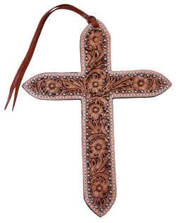 Large floral tooled leather tie on cross with silver beads