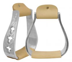 Showman Engraved polished aluminum stirrups with cut out cross design