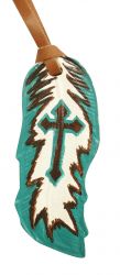 5" Teal and brown hand painted painted leather tie on feather with painted cross. 5" x 2"