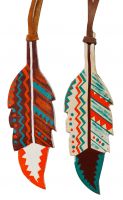 5" painted leather tie on feather with Southwest design. 5" x 2
