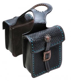Showman Tooled leather horn bag with teal buck stitch