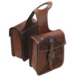 Showman Tooled leather horn bag with floral and basket weave tooling