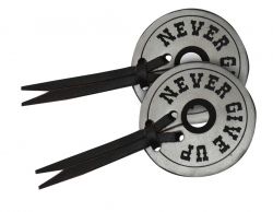 Metallic silver leather bit guards with " Never Give Up"