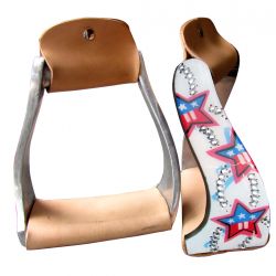 Showman  Pony/Youth Lightweight twisted angled aluminum stirrups with red, white, and blue star design