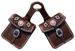 Showman Basketweave tooled dark oil leather horn bag with beaded inlay
