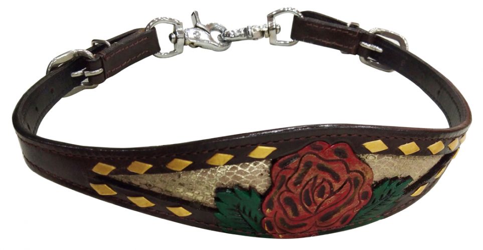Showman Leather wither strap with painted red rose design on gold snakeskin inlay