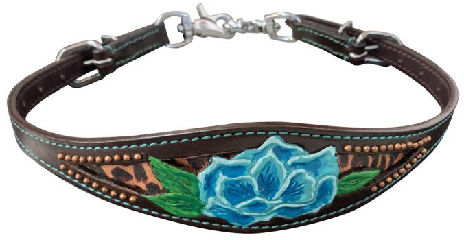 Showman Leather wither strap with painted blue flower design on teal inlay