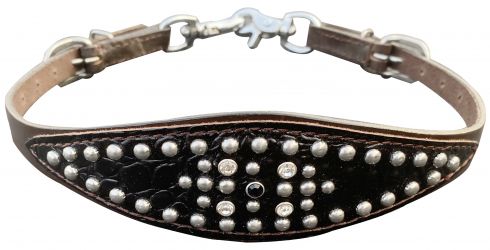 Showman Black gator skin overlay leather wither strap with silver beads