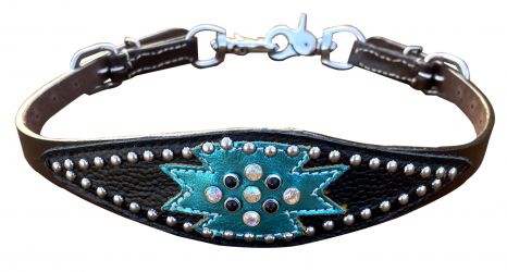 Showman Dark oil wither strap with black leather overlay and teal leather accent