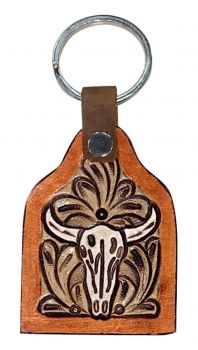 Showman Cow tag shaped White painted tooled leather cow skull keychain