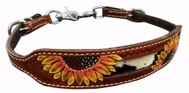 Showman Leather wither strap with painted sunflower and hair on cowhide inlay