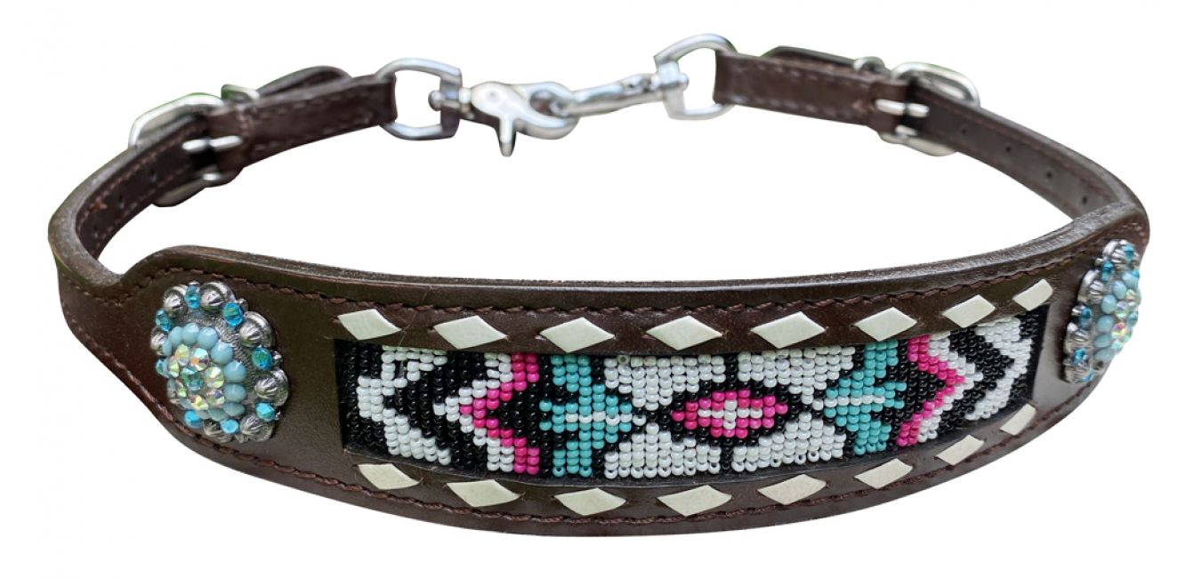 Showman Dark leather beaded wither strap with white rawhide lacing