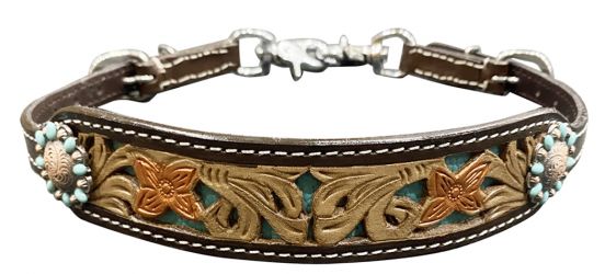 Showman Leather floral tooled wither strap with teal inlay accent
