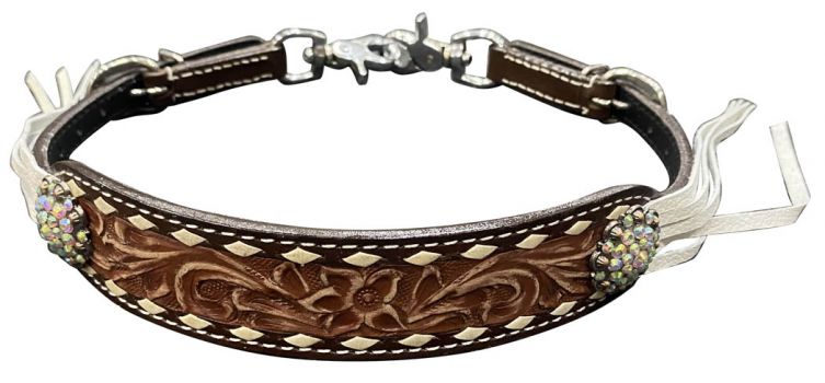 Showman Leather floral tooled wither strap with white rawhide lacing