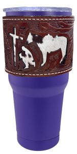 30 oz Insulated Purple Tumbler with Removable Argentina Cow Leather Praying Cowboy with Cowhide Inlay
