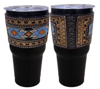 30 oz Insulated Black Tumbler with Removable Argentina Cow Leather Beaded Sleeve - blue and white accents
