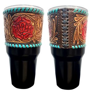 30 oz Insulated Black Tumbler with Removable Argentina Cow Leather floral tooled sleeve - red rose accent