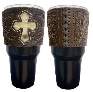 30 oz Insulated Black Tumbler with Removable Argentina Cow Leather tooled sleeve with cross accent